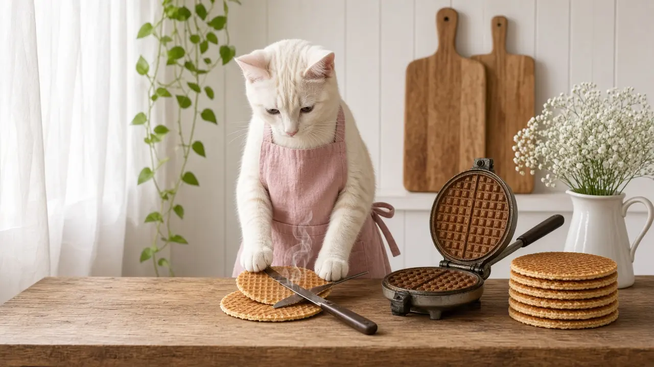 A cream-coloured cat in a pink apron, cooking this dish