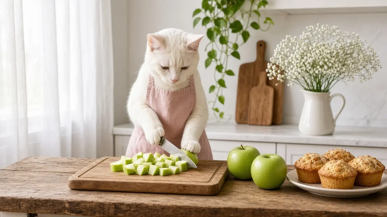 A cream-coloured cat in a pink apron, cooking this dish