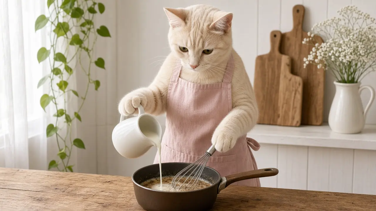 A cream-coloured cat in a pink apron, cooking this dish