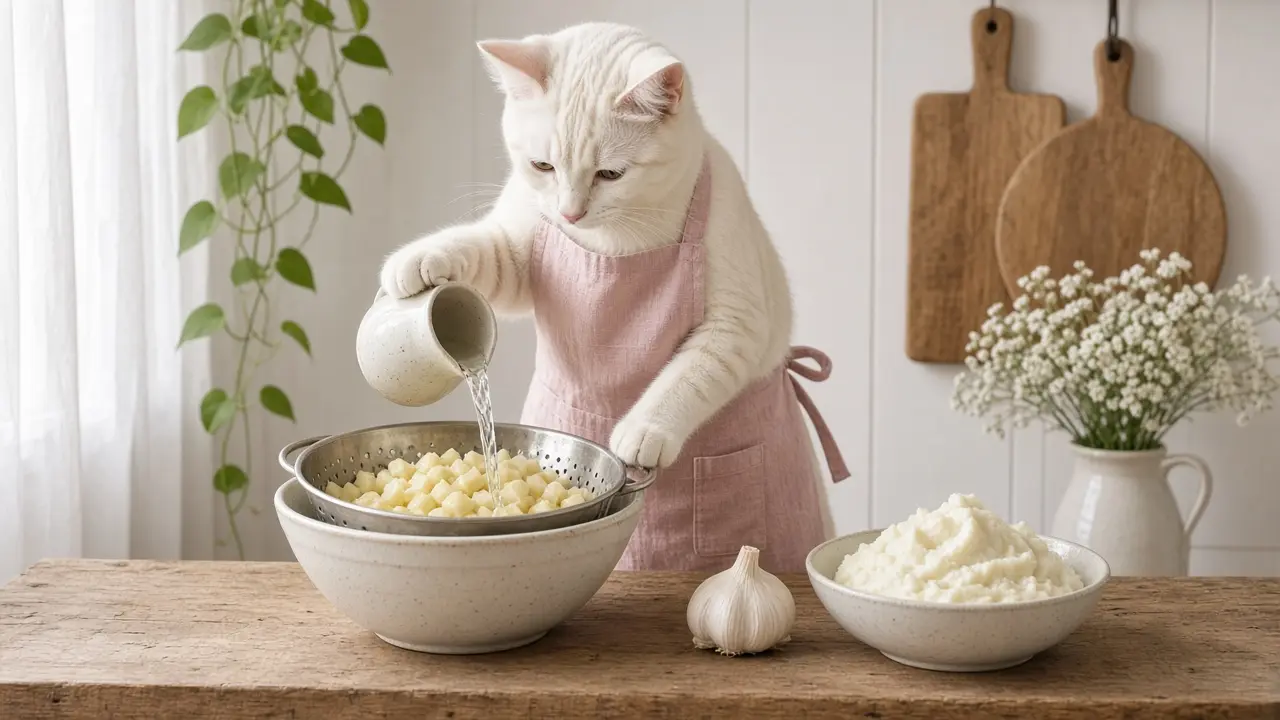 A cream-coloured cat in a pink apron, cooking this dish