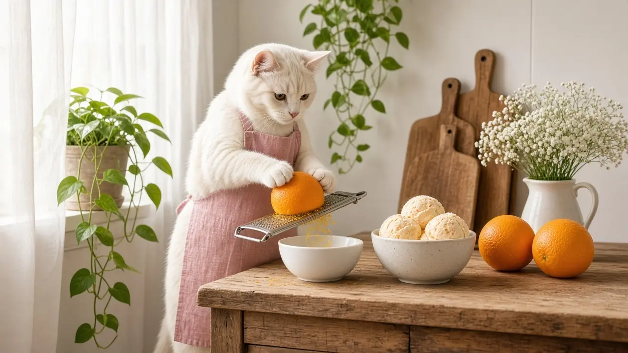 A cream-coloured cat in a pink apron, cooking this dish