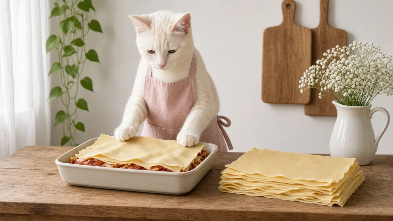 A cream-coloured cat in a pink apron, cooking this dish