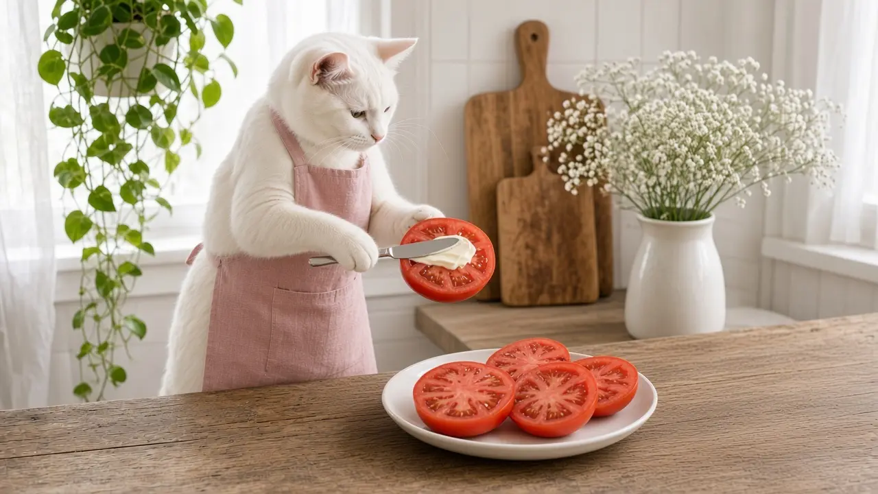 A cream-coloured cat in a pink apron, cooking this dish