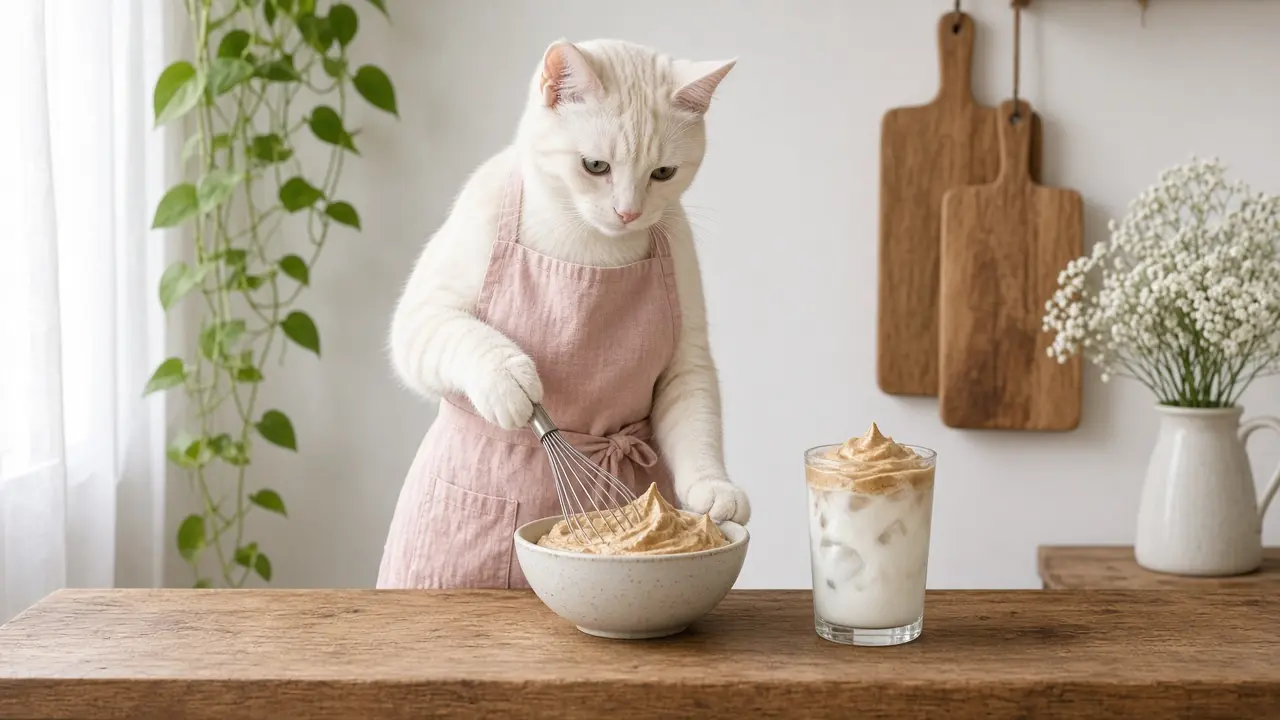 A cream-coloured cat in a pink apron, cooking this dish
