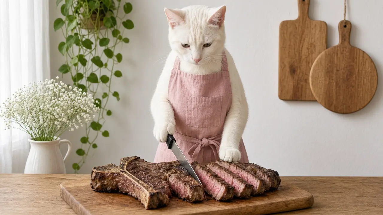 A cream-coloured cat in a pink apron, cooking this dish