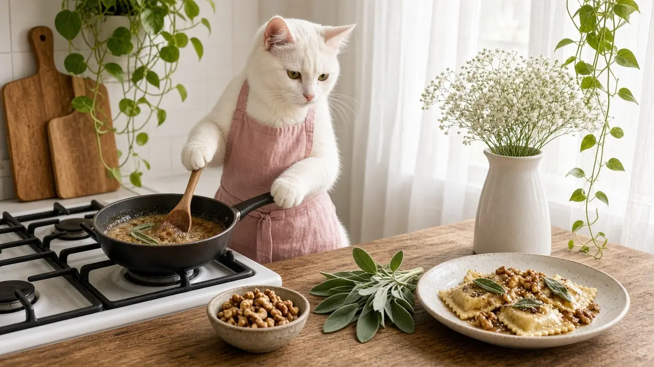 A cream-coloured cat in a pink apron, cooking this dish