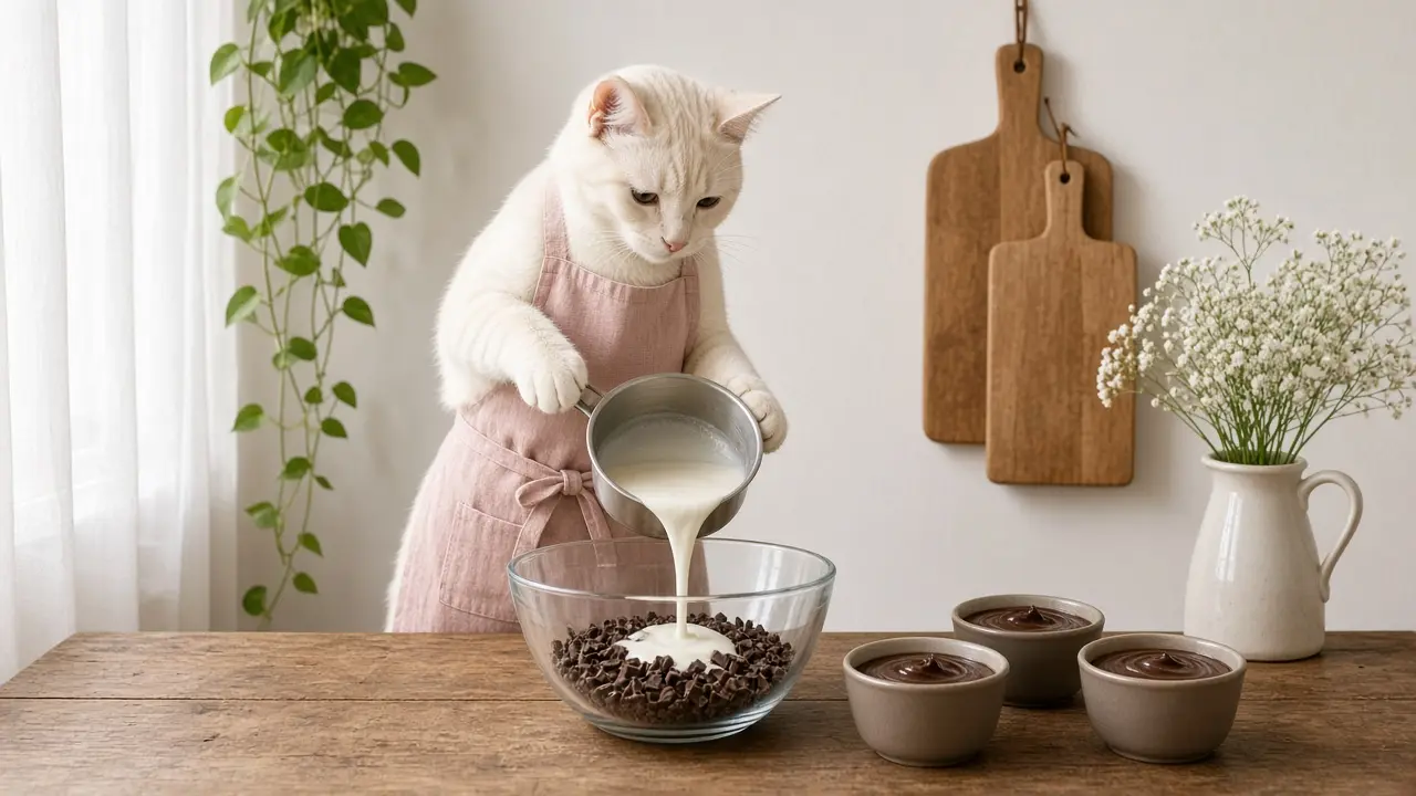 A cream-coloured cat in a pink apron, cooking this dish