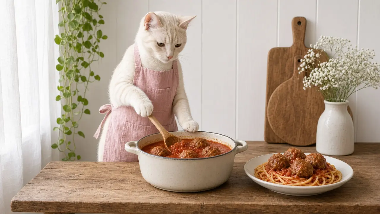 A cream-coloured cat in a pink apron, cooking this dish