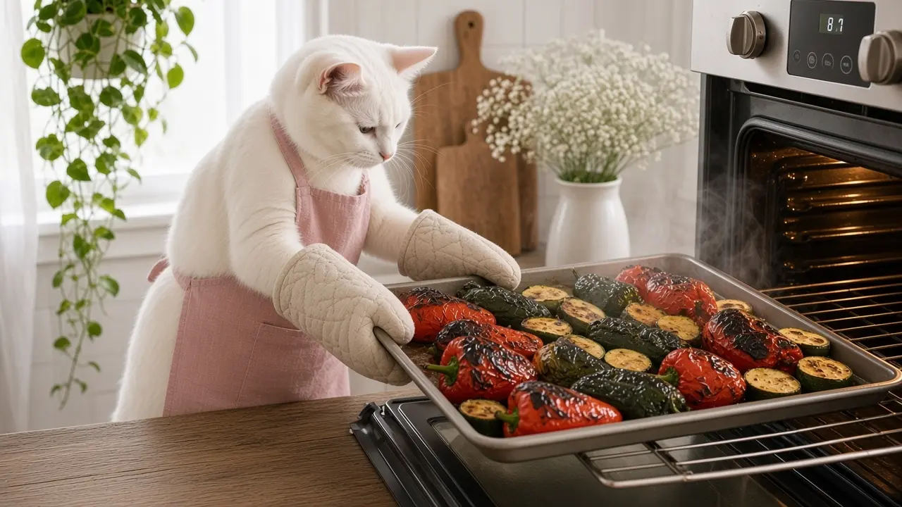 A cream-coloured cat in a pink apron, cooking this dish
