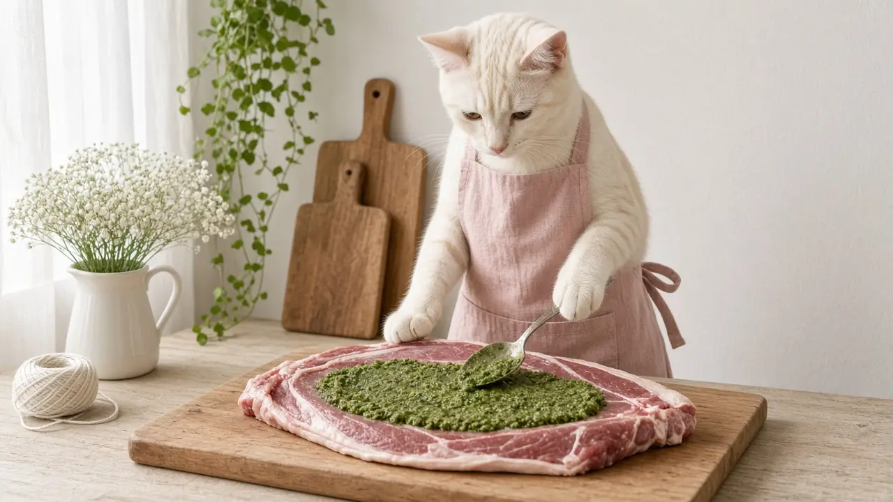 A cream-coloured cat in a pink apron, cooking this dish