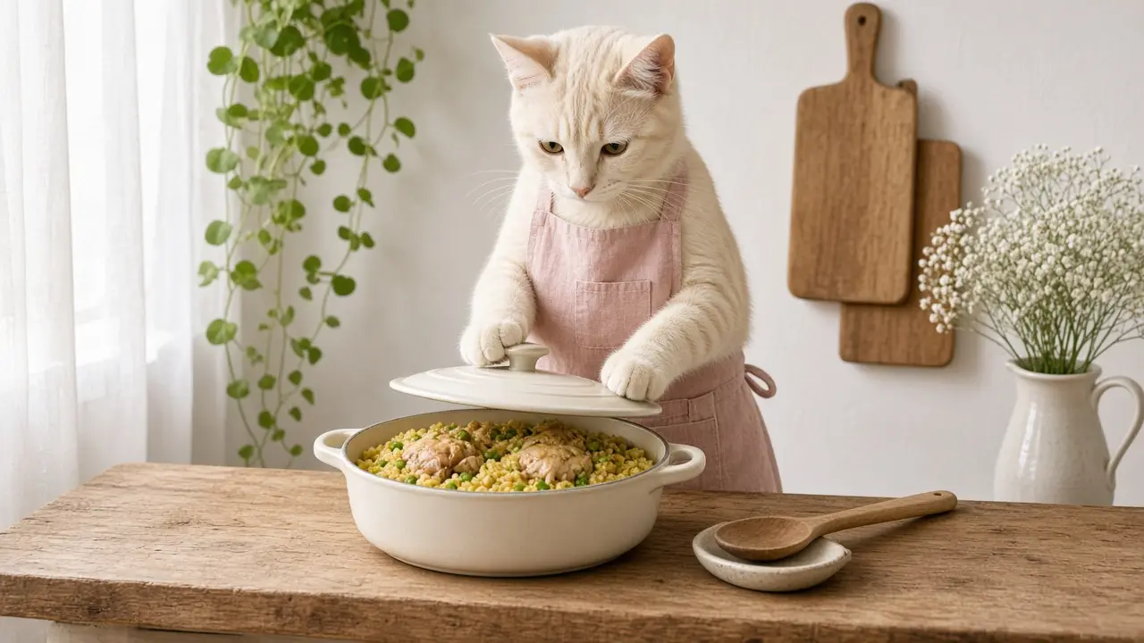 A cream-coloured cat in a pink apron, cooking this dish