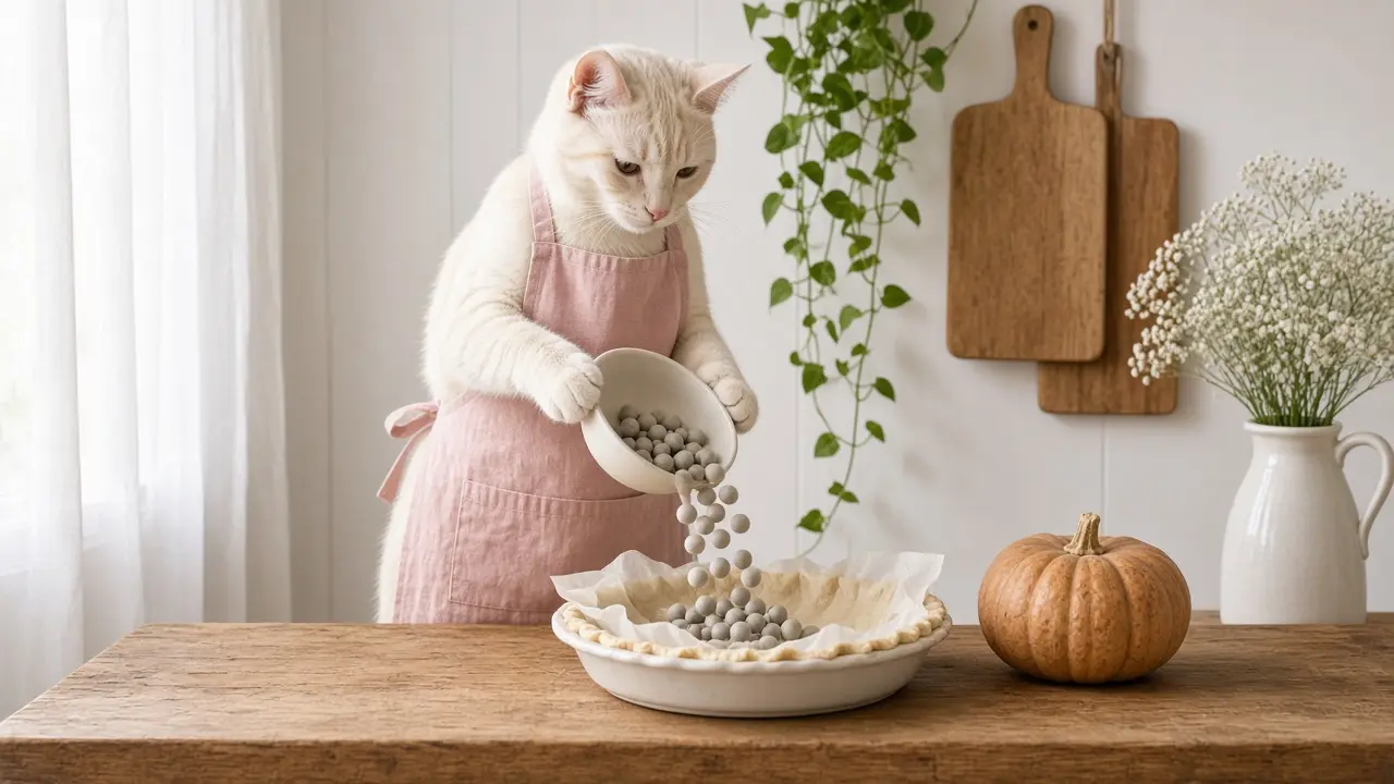A cream-coloured cat in a pink apron, cooking this dish
