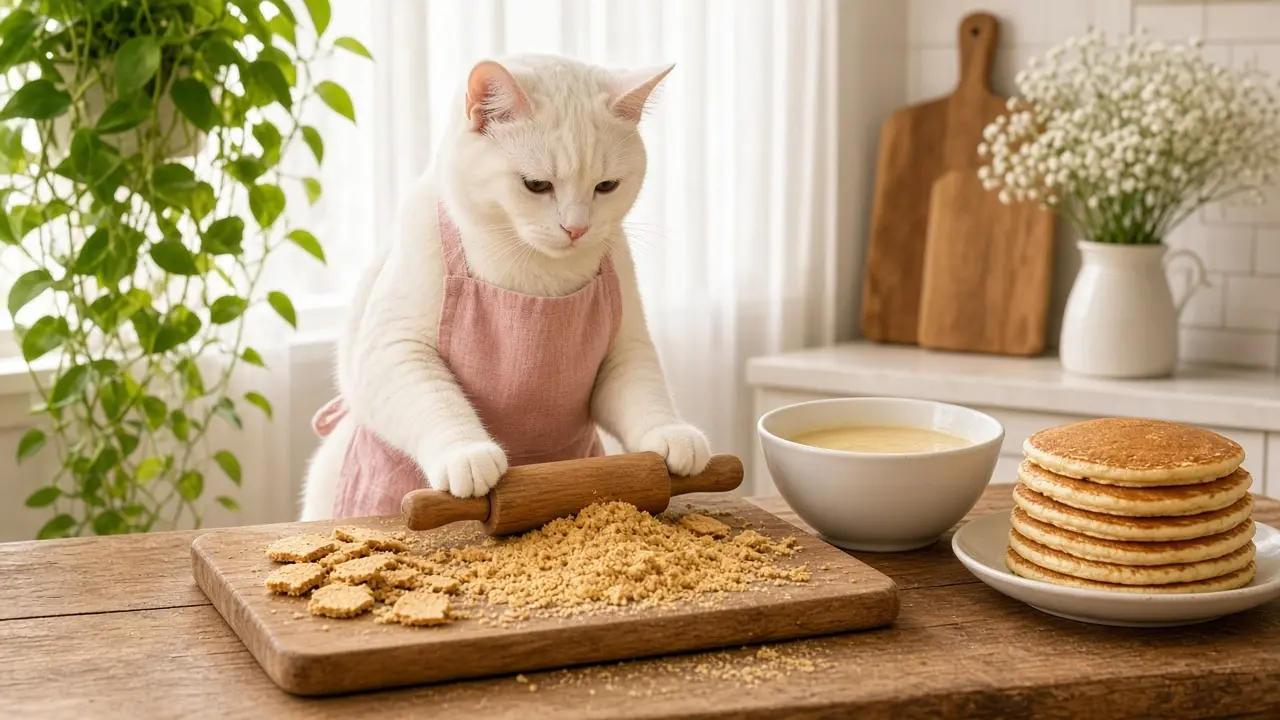 A cream-coloured cat in a pink apron, cooking this dish