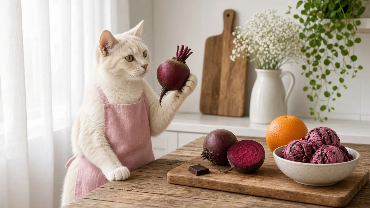 A cream-coloured cat in a pink apron, cooking this dish