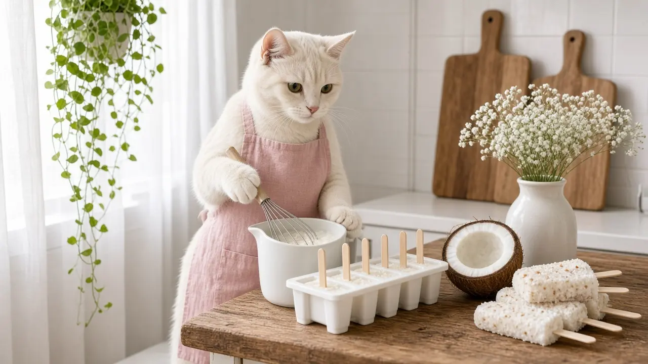 A cream-coloured cat in a pink apron, cooking this dish
