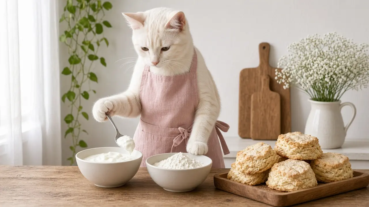 A cream-coloured cat in a pink apron, cooking this dish