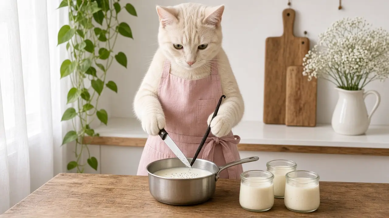 A cream-coloured cat in a pink apron, cooking this dish