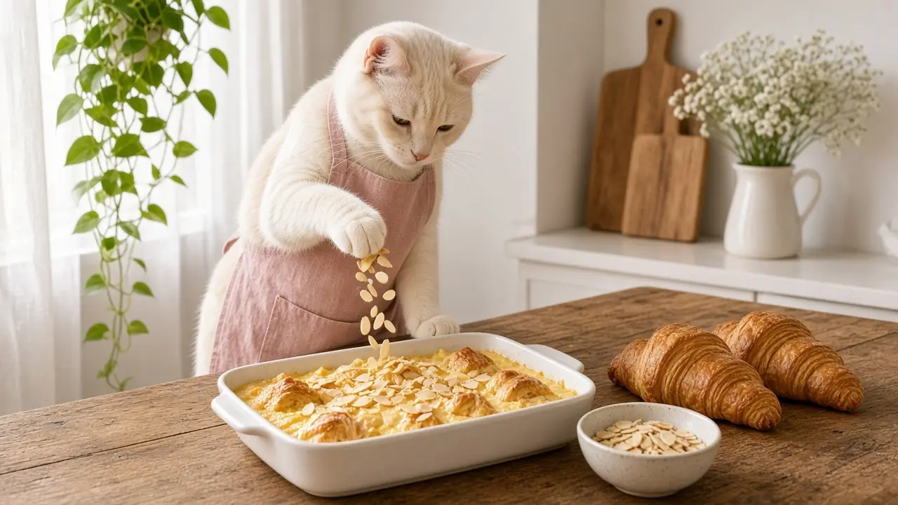 A cream-coloured cat in a pink apron, cooking this dish