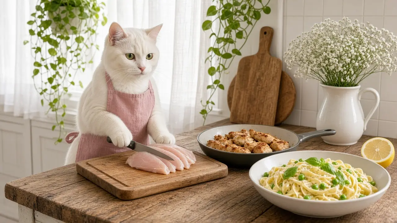A cream-coloured cat in a pink apron, cooking this dish