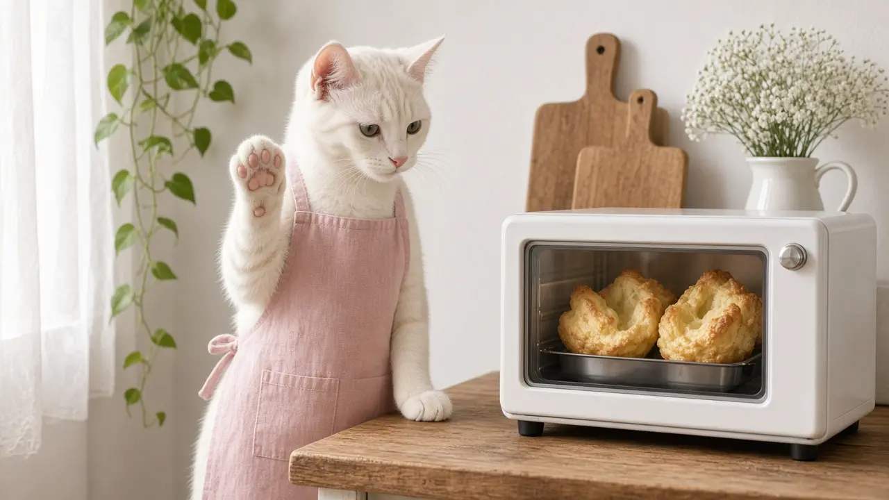 A cream-coloured cat in a pink apron, cooking this dish