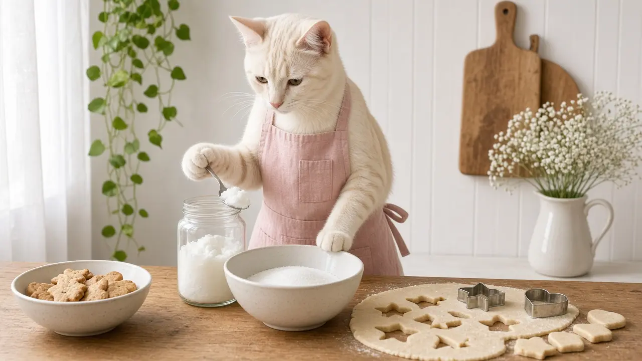 A cream-coloured cat in a pink apron, cooking this dish