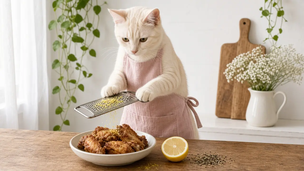 A cream-coloured cat in a pink apron, cooking this dish