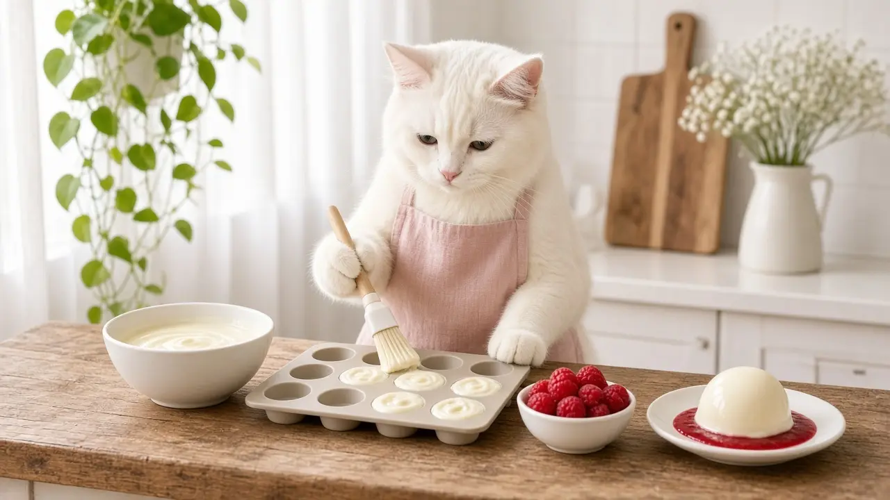 A cream-coloured cat in a pink apron, cooking this dish