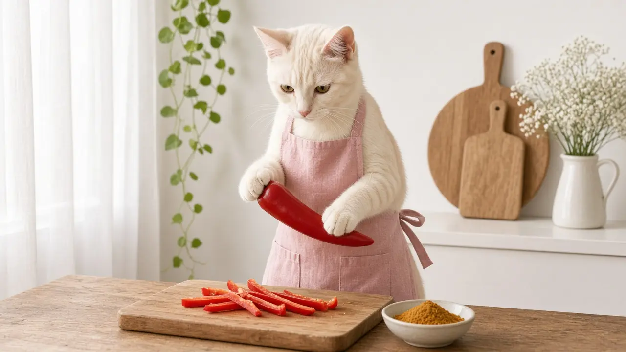 A cream-coloured cat in a pink apron, cooking this dish