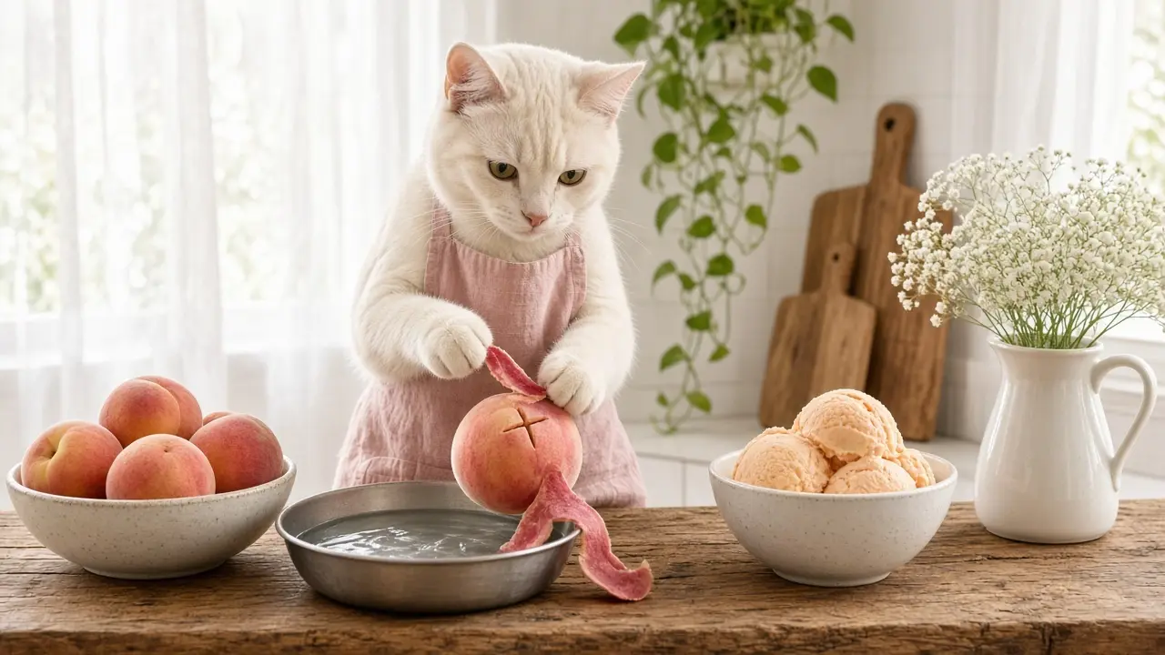 A cream-coloured cat in a pink apron, cooking this dish