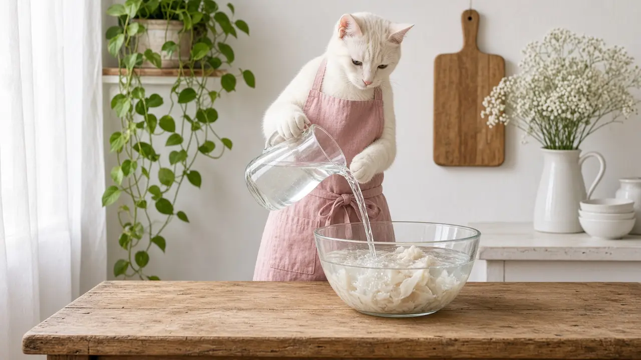 A cream-coloured cat in a pink apron, cooking this dish