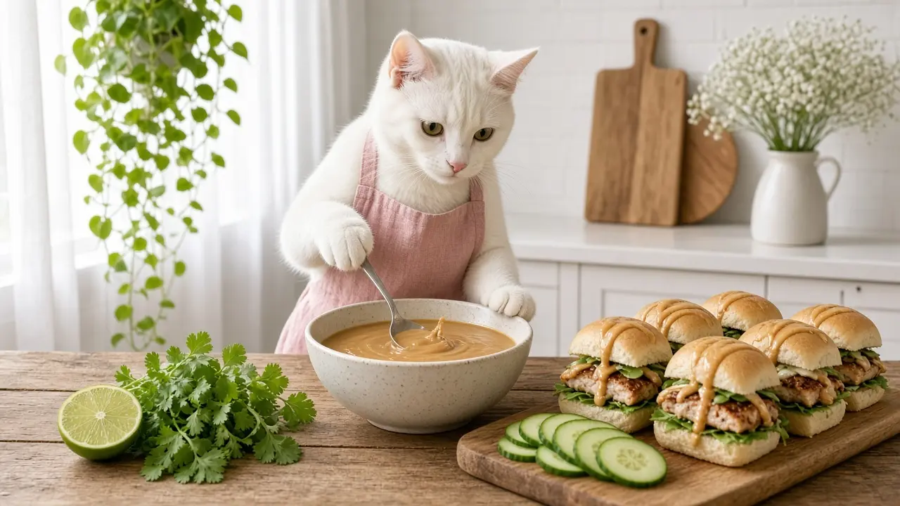 A cream-coloured cat in a pink apron, cooking this dish