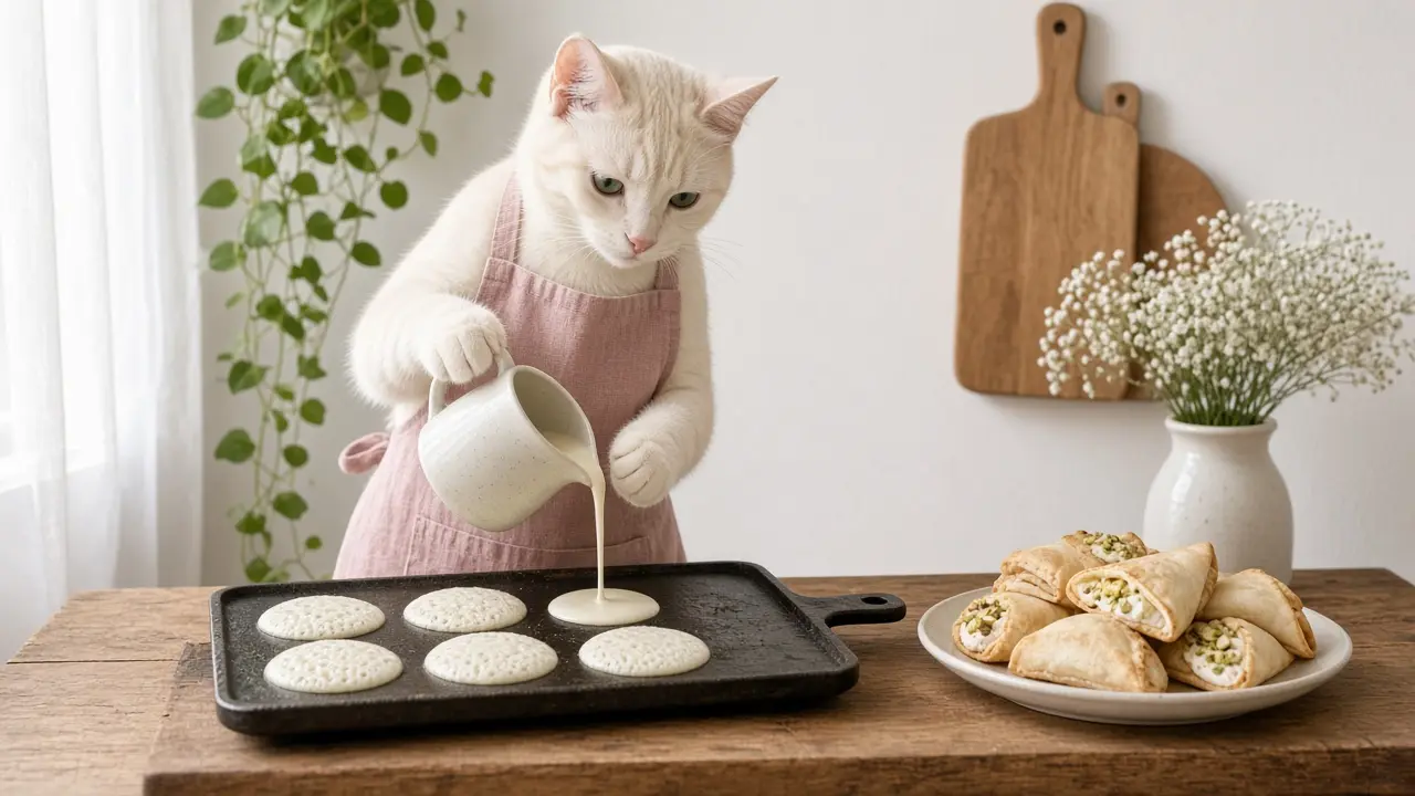 A cream-coloured cat in a pink apron, cooking this dish