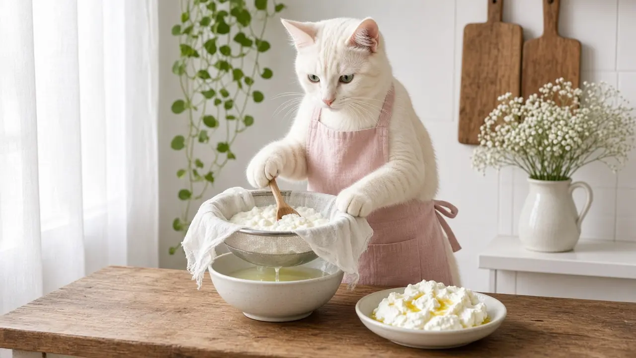 A cream-coloured cat in a pink apron, cooking this dish