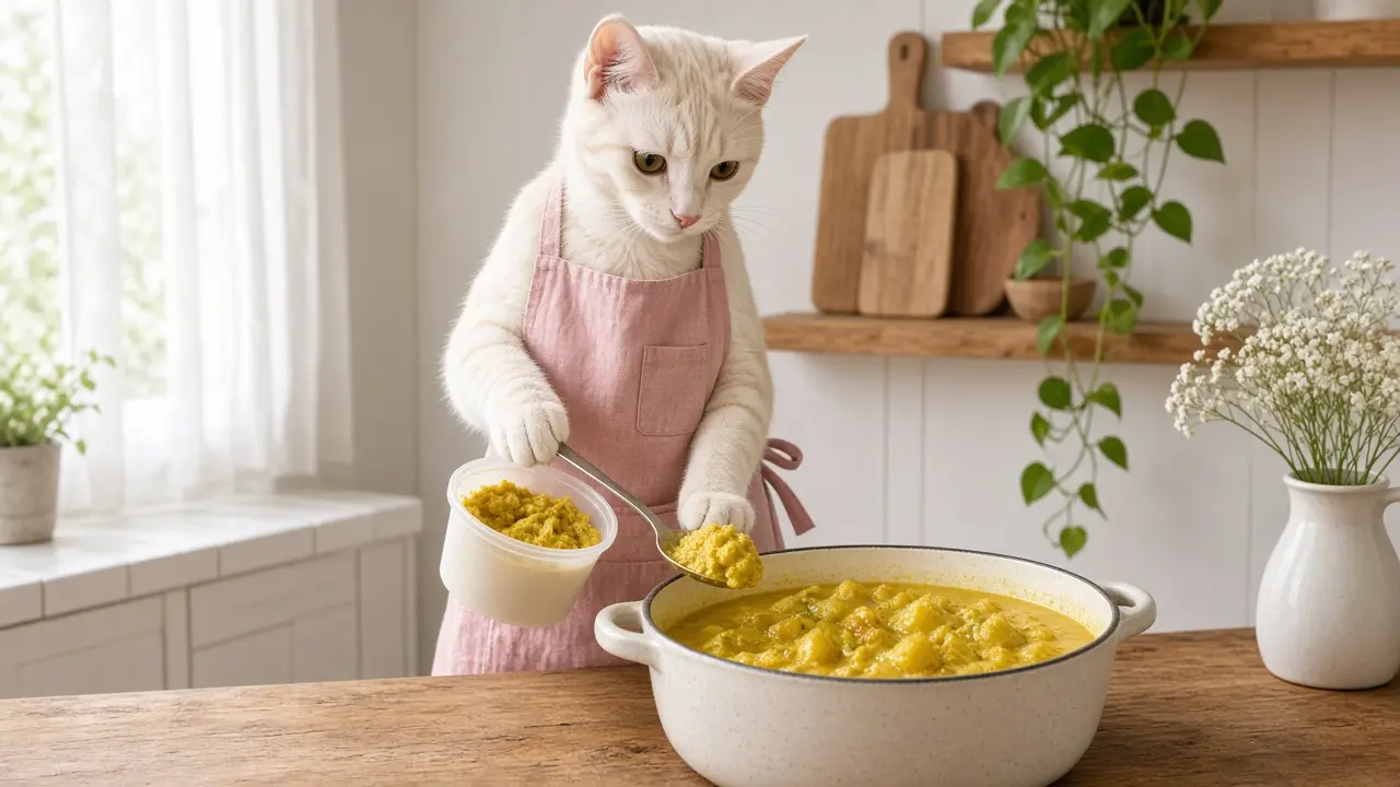 A cream-coloured cat in a pink apron, cooking this dish