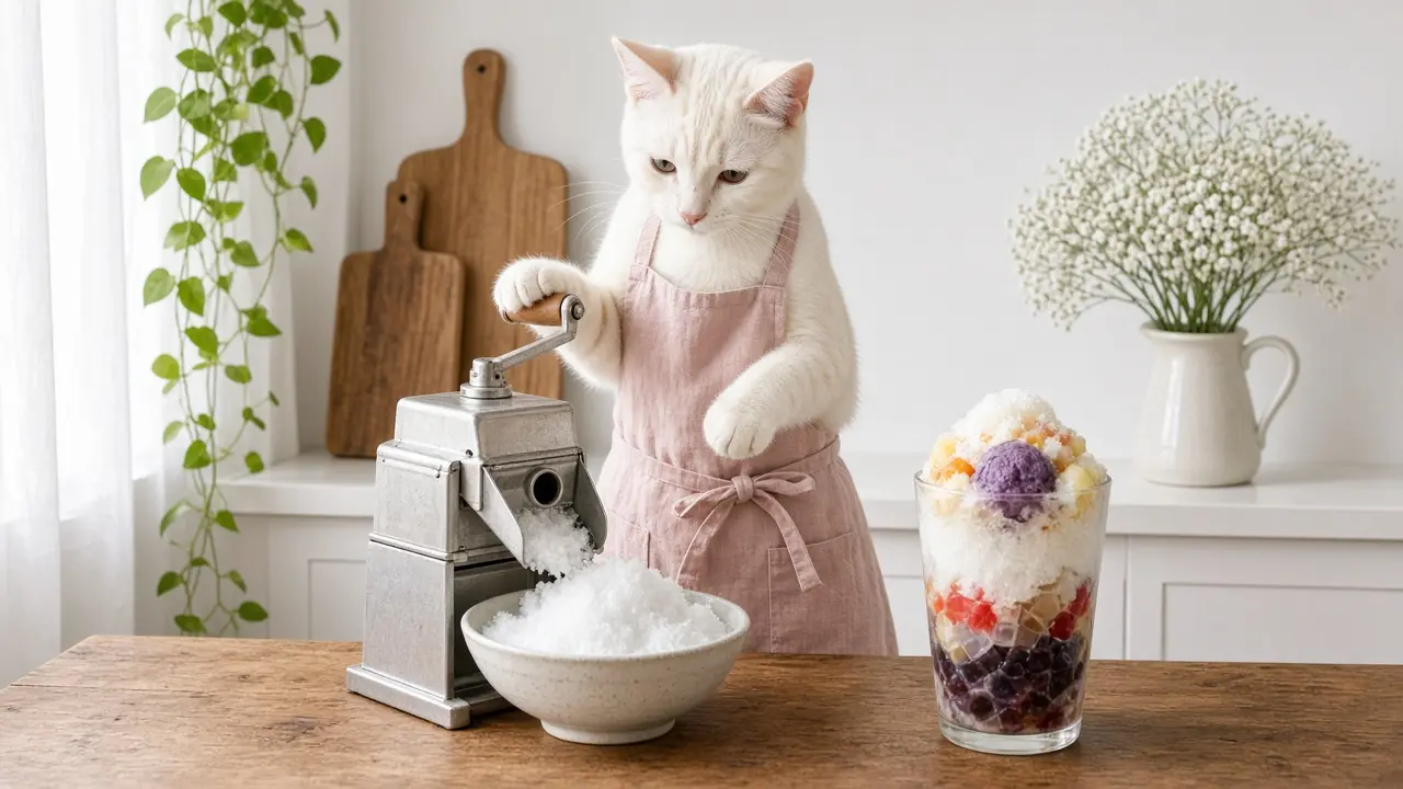 A cream-coloured cat in a pink apron, cooking this dish