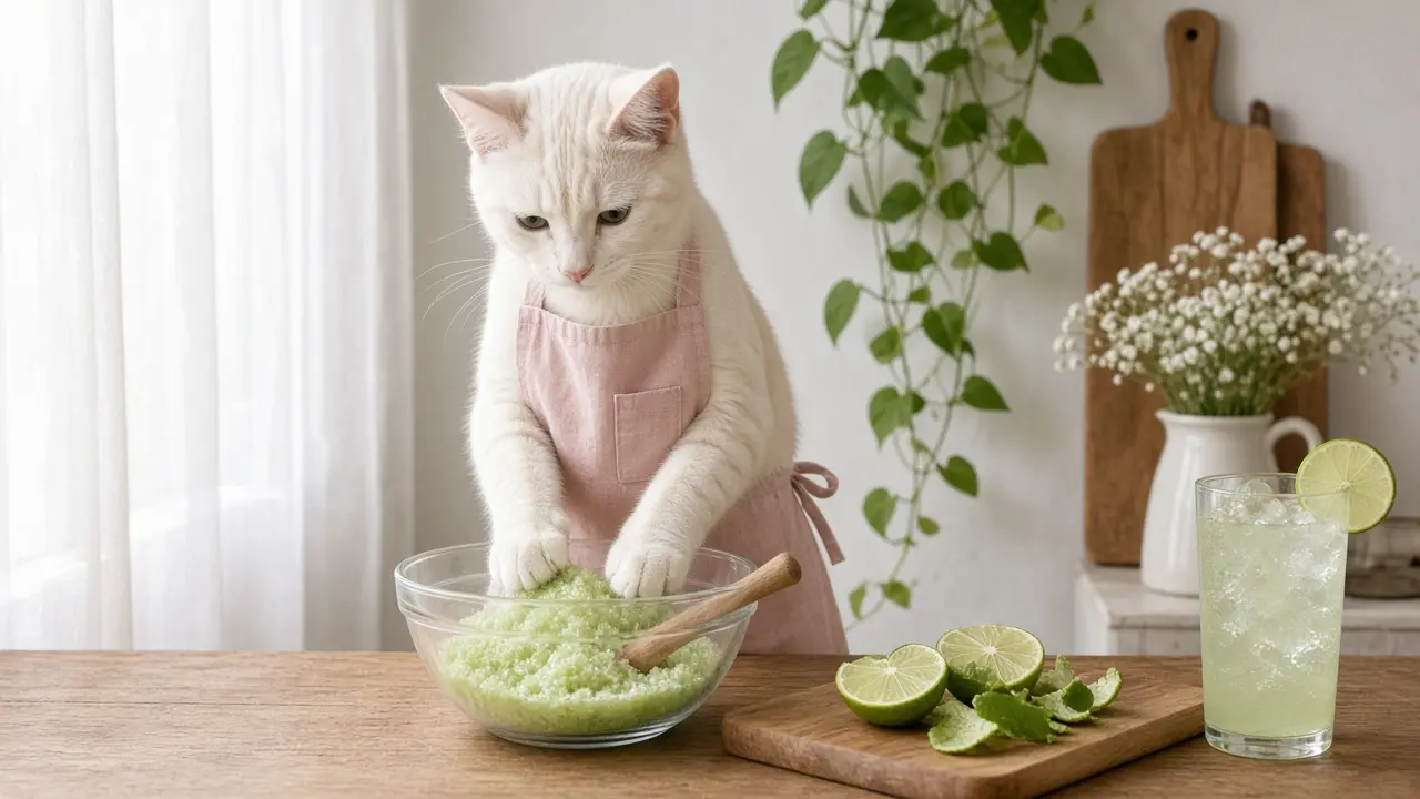 A cream-coloured cat in a pink apron, cooking this dish