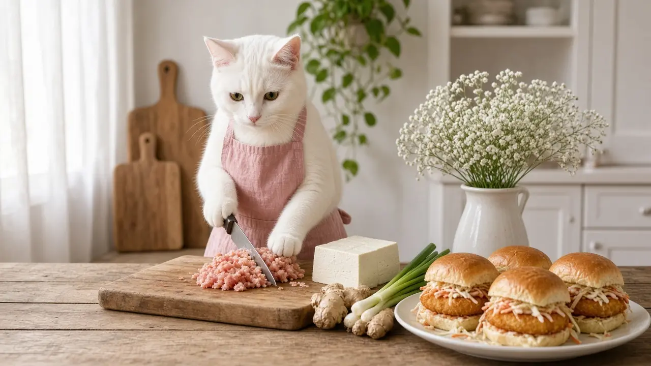 A cream-coloured cat in a pink apron, cooking this dish