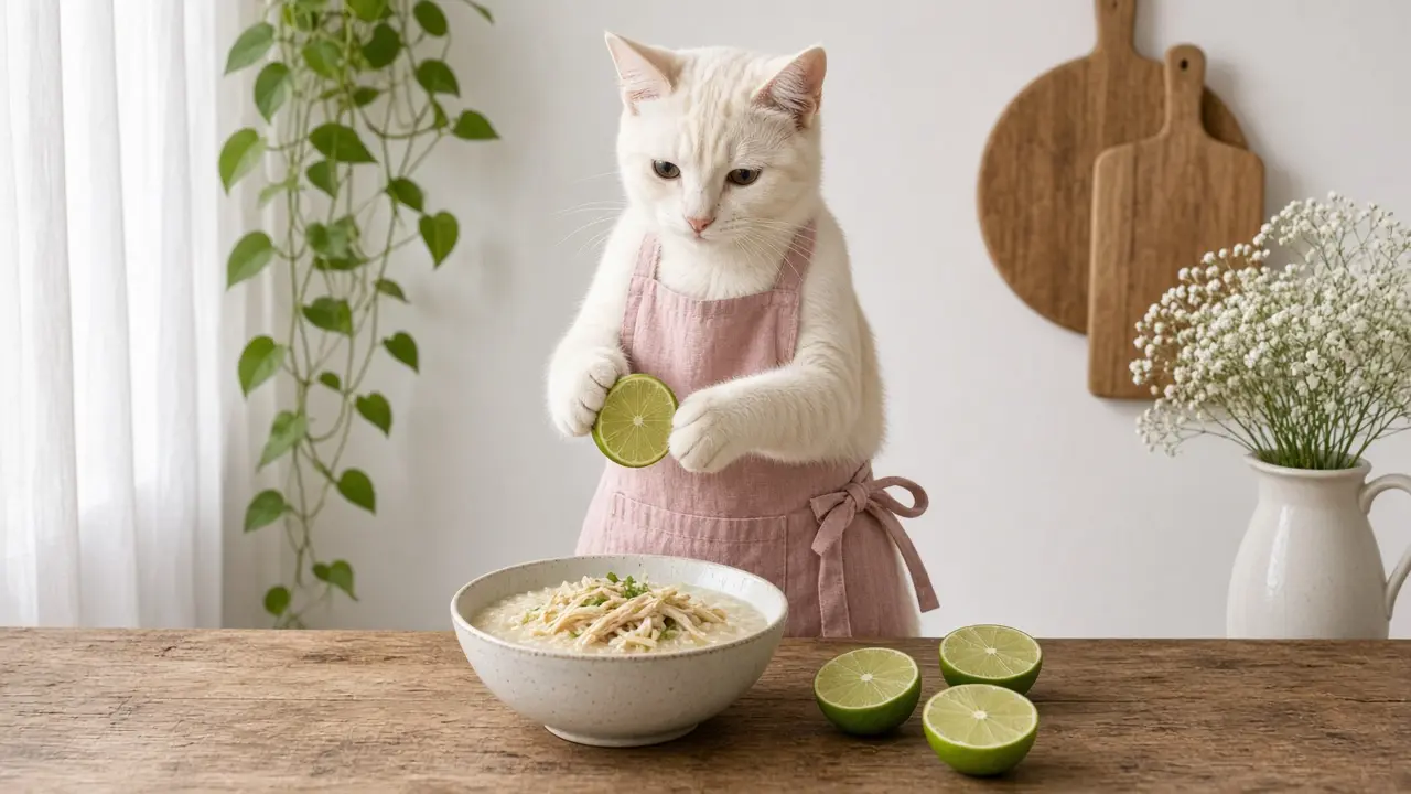 A cream-coloured cat in a pink apron, cooking this dish