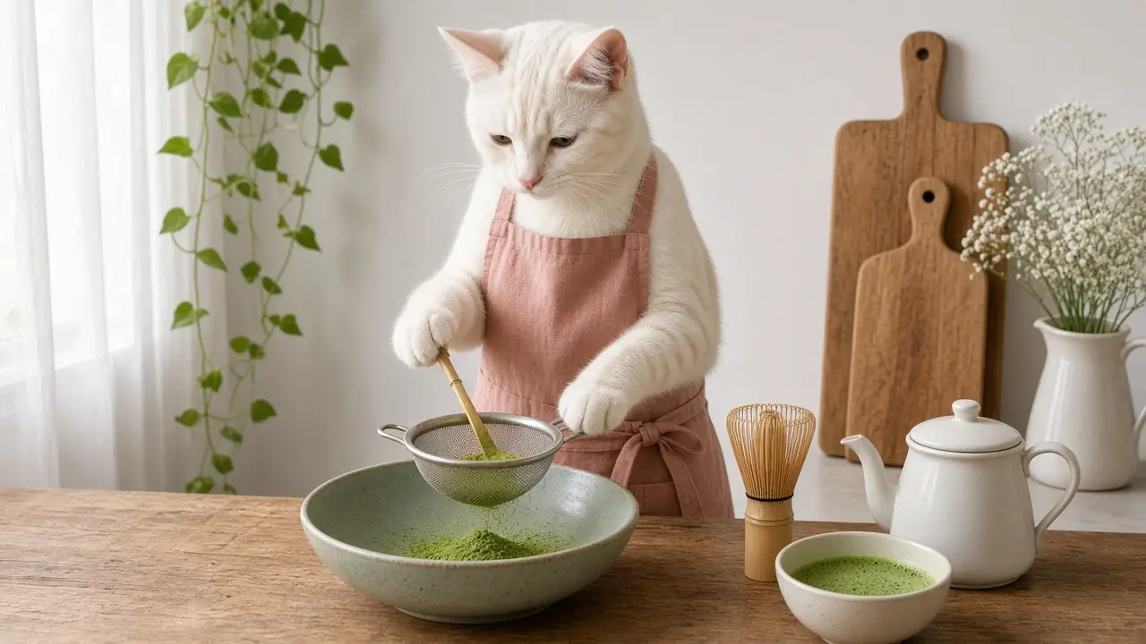 A cream-coloured cat in a pink apron, cooking this dish
