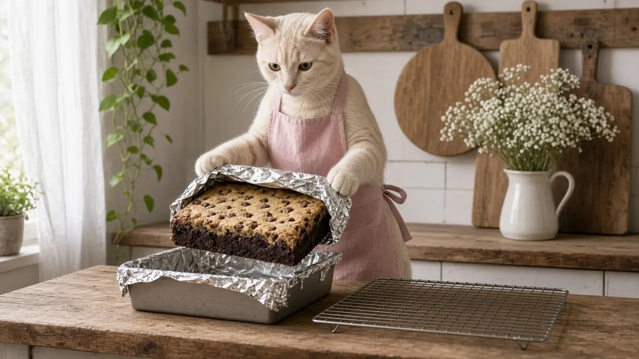 A cream-coloured cat in a pink apron, cooking this dish