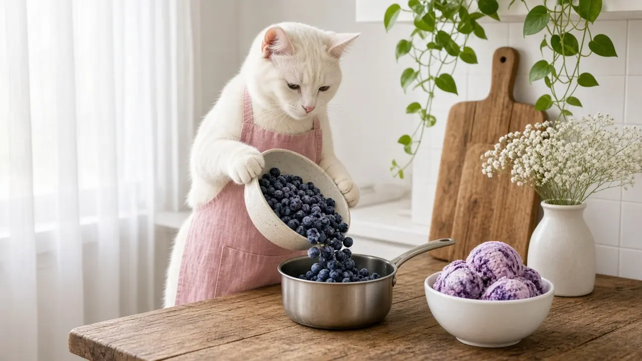 A cream-coloured cat in a pink apron, cooking this dish