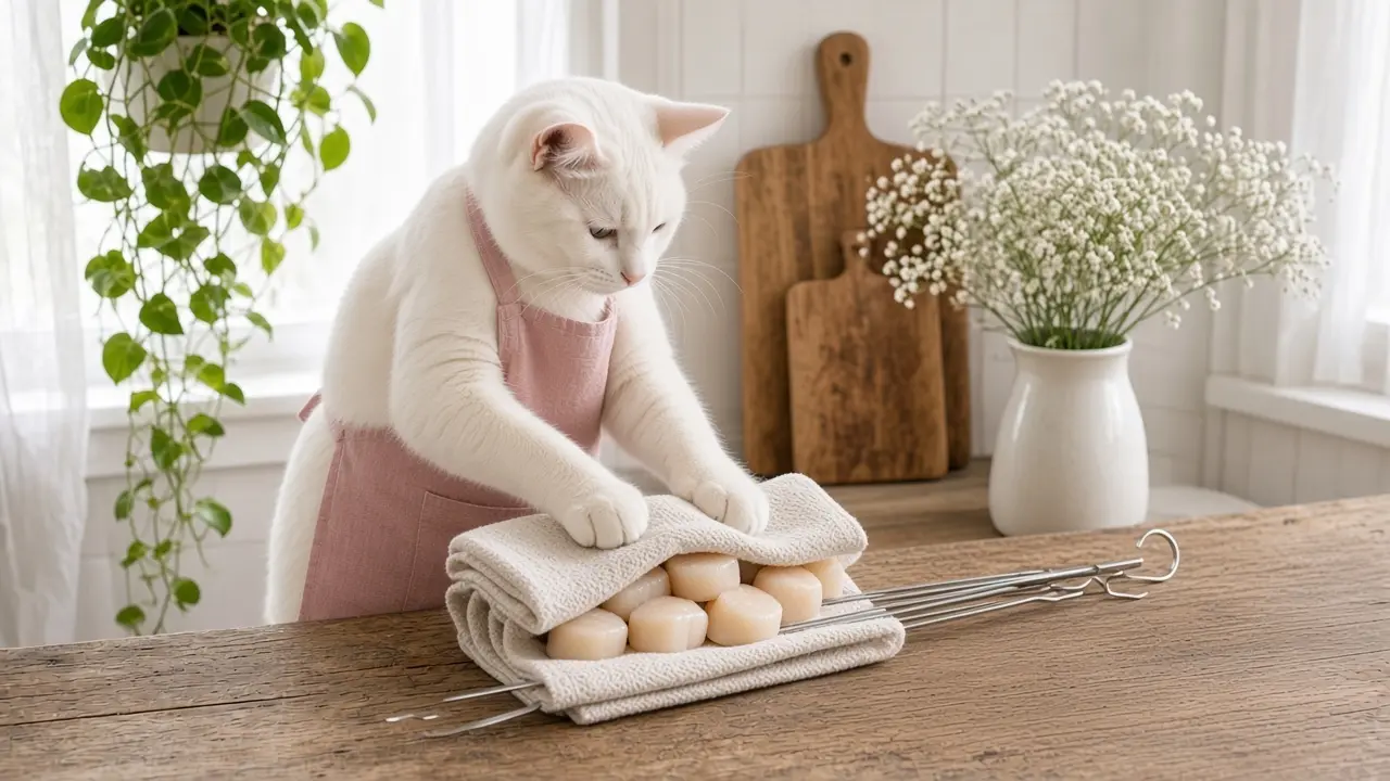 A cream-coloured cat in a pink apron, cooking this dish
