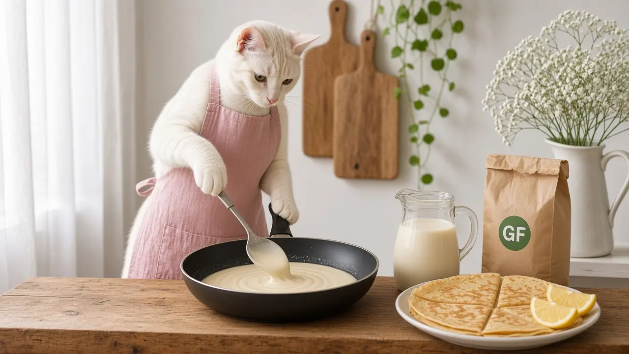 A cream-coloured cat in a pink apron, cooking this dish