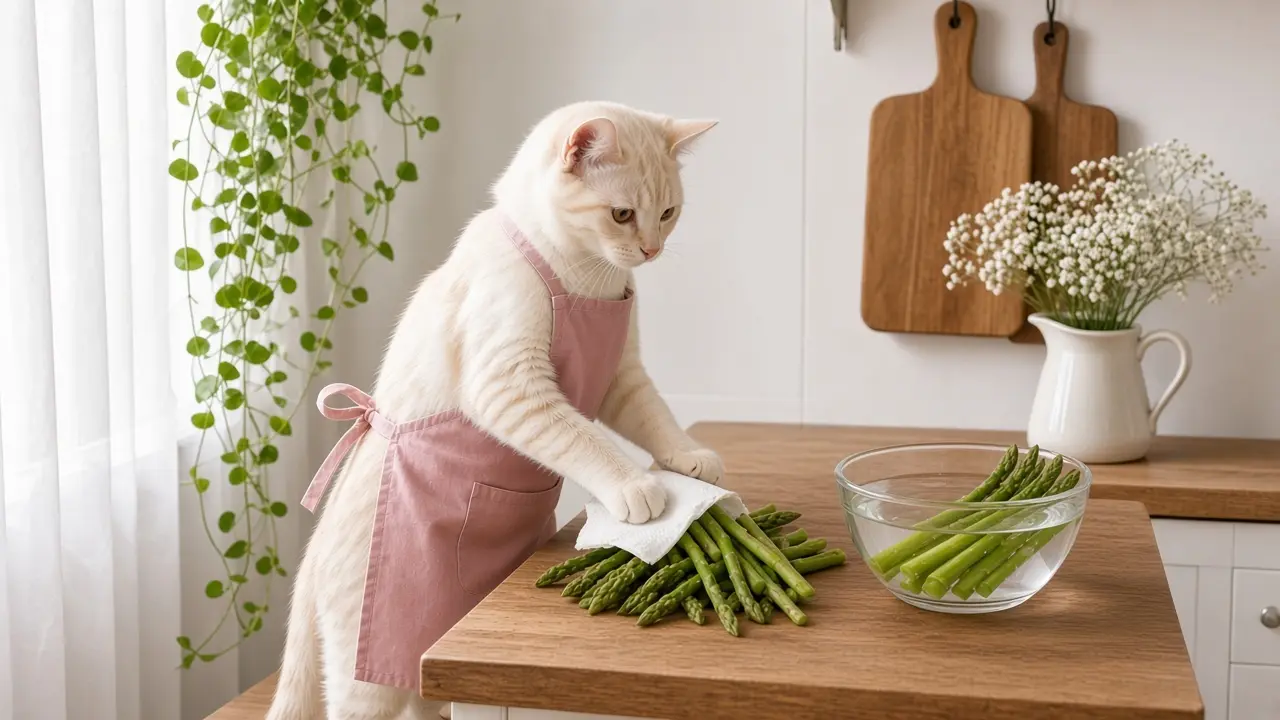 A cream-coloured cat in a pink apron, cooking this dish