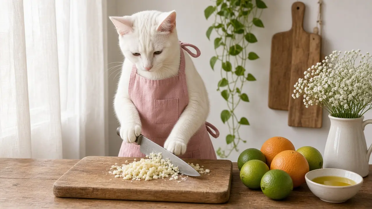 A cream-coloured cat in a pink apron, cooking this dish