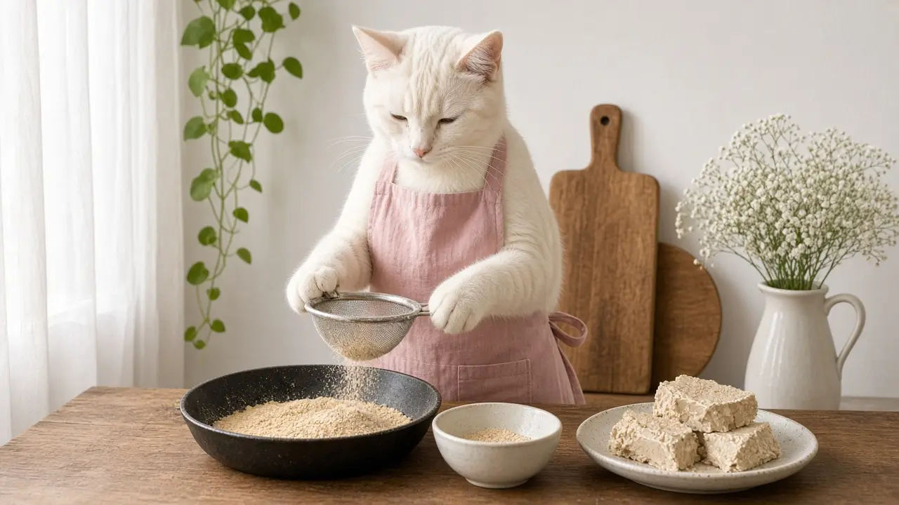 A cream-coloured cat in a pink apron, cooking this dish