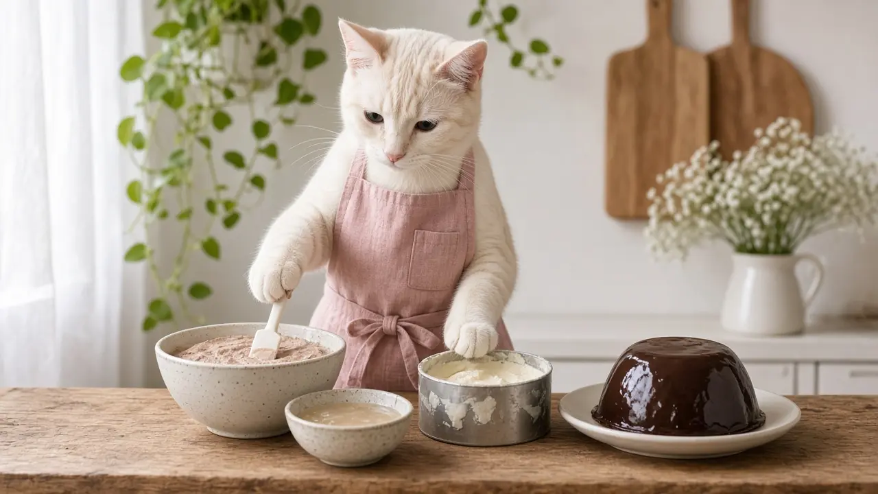 A cream-coloured cat in a pink apron, cooking this dish