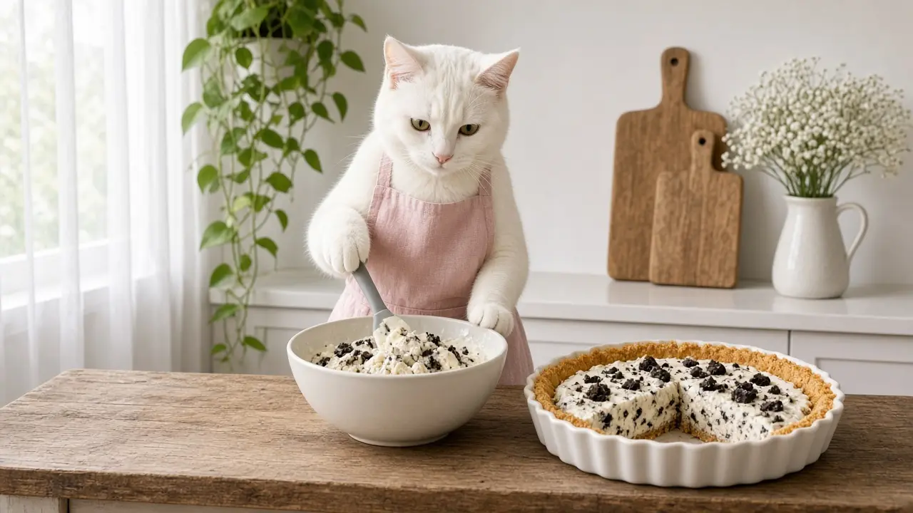 A cream-coloured cat in a pink apron, cooking this dish