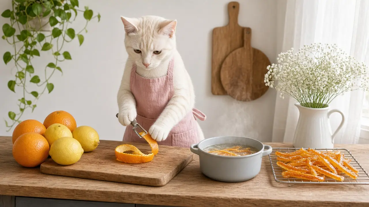 A cream-coloured cat in a pink apron, cooking this dish
