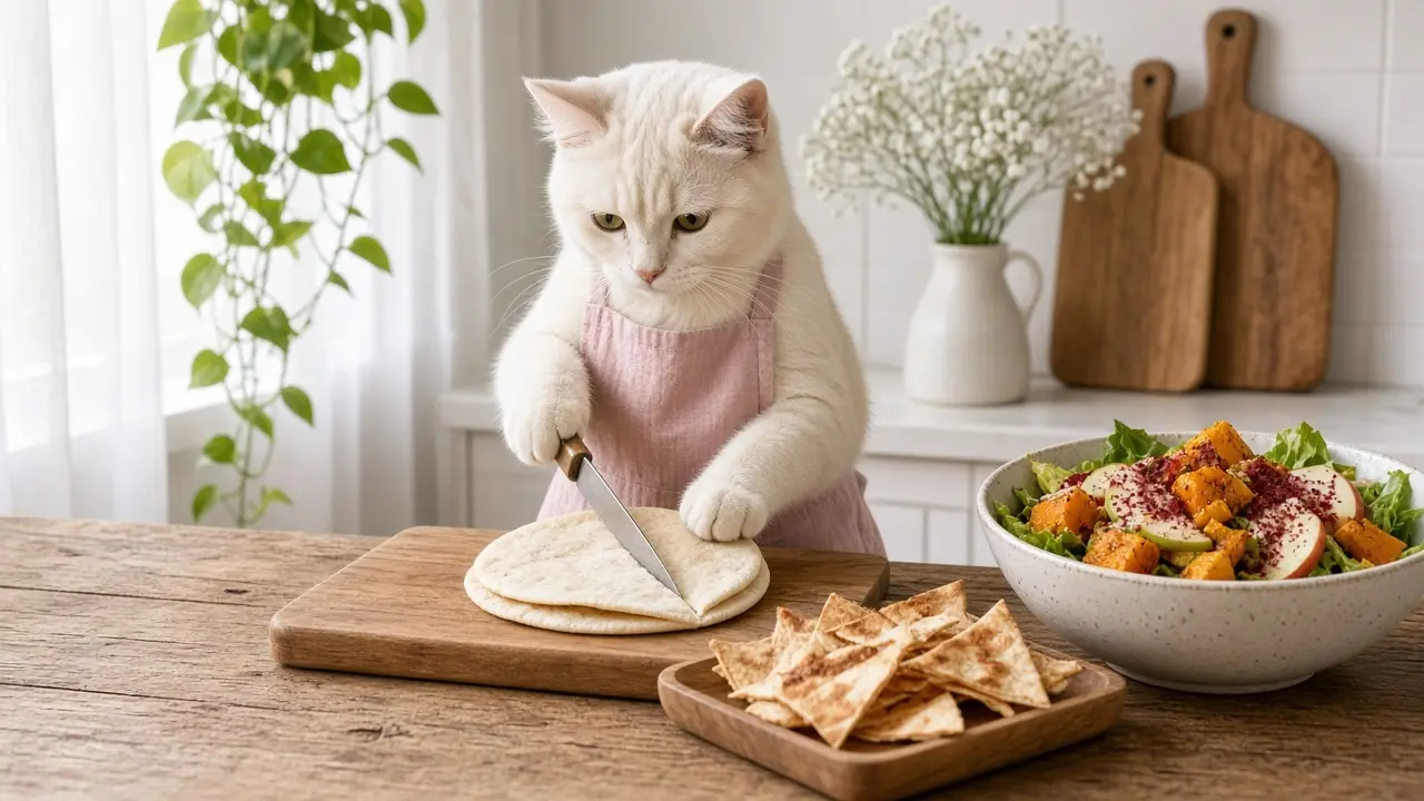 A cream-coloured cat in a pink apron, cooking this dish